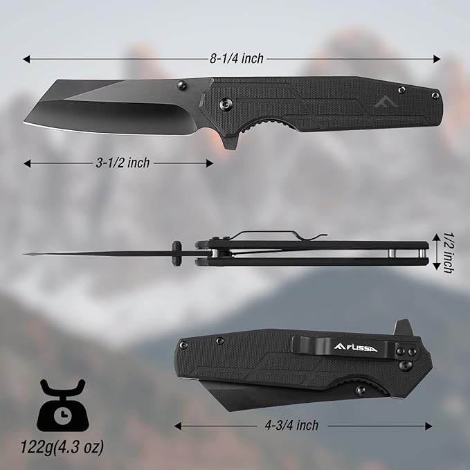 FLISSA Pocket Knife, 3.5" Folding Stonewash Blade Tactical Knife, G10 Handle, for Outdoor, Survival, Hunting and Camping, Great Gifts for Dad