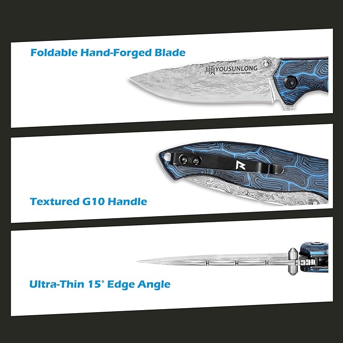 YOUSUNLONG Folding Knife - Hammered Damascus Steel Blade - Blue Damascus texture G10 Cover