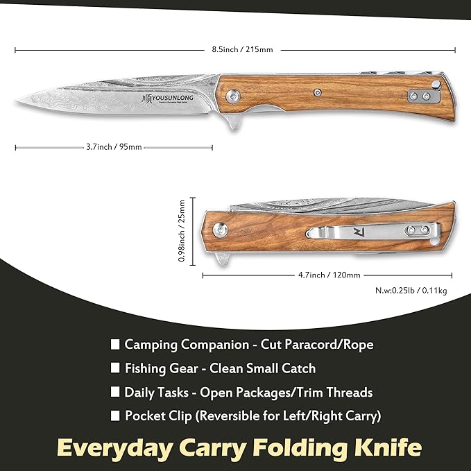 YOUSUNLONG Camping Folding Knife - Hammered Damascus Steel Blade - Italian Olive Wood Cover