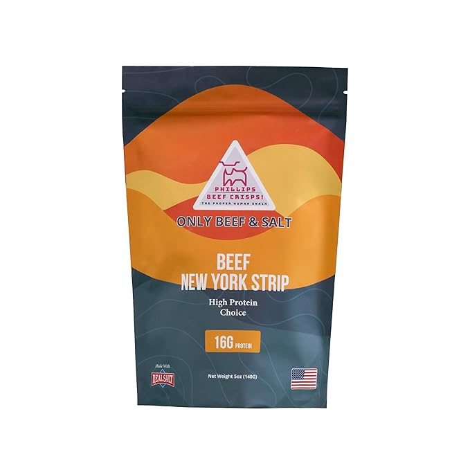 Phillips Beef Crisps - NY Strip - Only Beef & Salt - Zero Carbs, Zero Sugar, High Protein Meat Snacks, 16g Protein