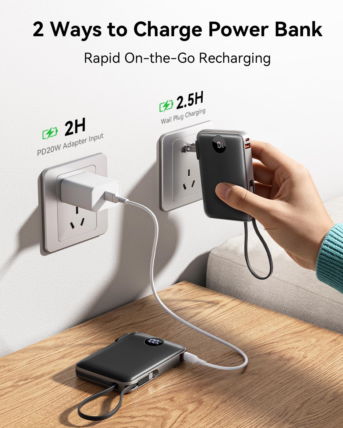 Portable Charger Power Bank 10000mAh, 45% Smaller Built-in Cables & AC Plug