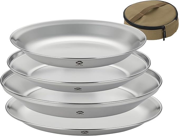 CAMPINGMOON Camping Plates 4 pack set Salad Side Dinner Plate Dishes Outdoor Tableware Stainless Steel with Canvas Case S397-1S