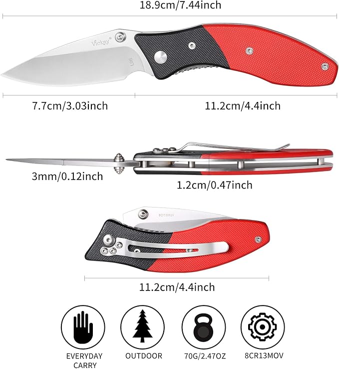 Vickay Pocket Knife, Folding Knife with Clip, EDC Knife for Men & Women, 3in 8Cr13MoV Stainless Steel Blade, G10 Handle, Liner Lock, Perfect for outdoor Camping, Tactical, Fishing and Hunting ( Black & Red )