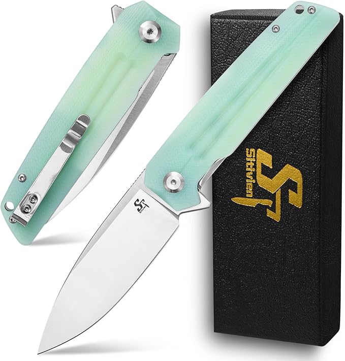 Sitivien ST152 Folding Knife,K110(D2) Steel Blade with G10 Handle EDC Tool Knife for Outdoor Camping,Hiking,Fishing(Jade)
