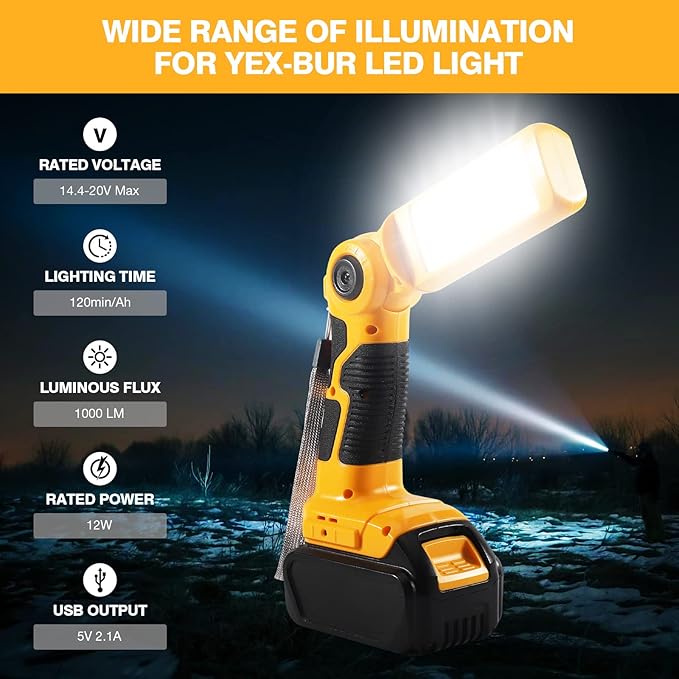 YEX-BUR Led Work Light for Dewalt 20v Battery, 12W 1000LM Cordless Handheld Spotlight with USB Port LED Jobsite Light Desk Lamp Flashlight for Camping Workshop Garage
