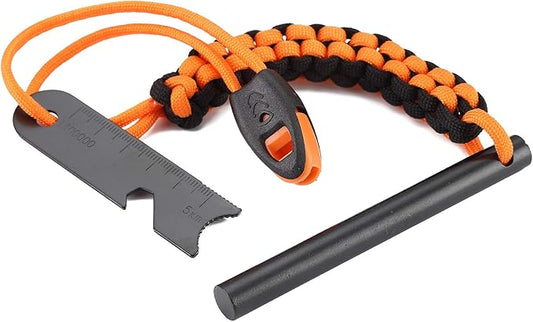 Drilled Ferro Rod Fire Starter, FOSTAR 4 Inch Flint Steel with Paracord Lanyard Handle, Striker and Whistle, for Emergency Survival Kits, Hiking, Camping All-Weather Ferrocerium Rod