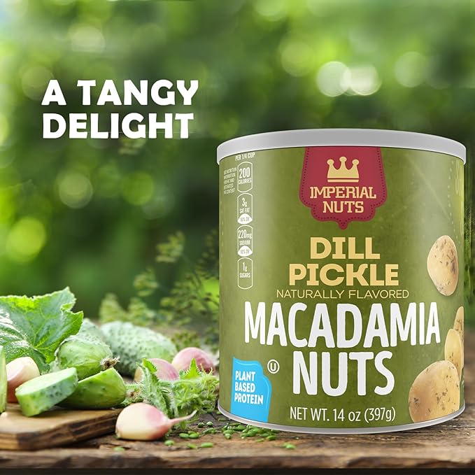 Imperial Nuts - Oil Roasted Macadamia Nuts | Flavored Nuts | Gluten Free, Vegan and Keto Friendly Food | Plant Based Protein, Delicious Buttery Taste | Kosher (Dill Pickle Macadamia Nuts)