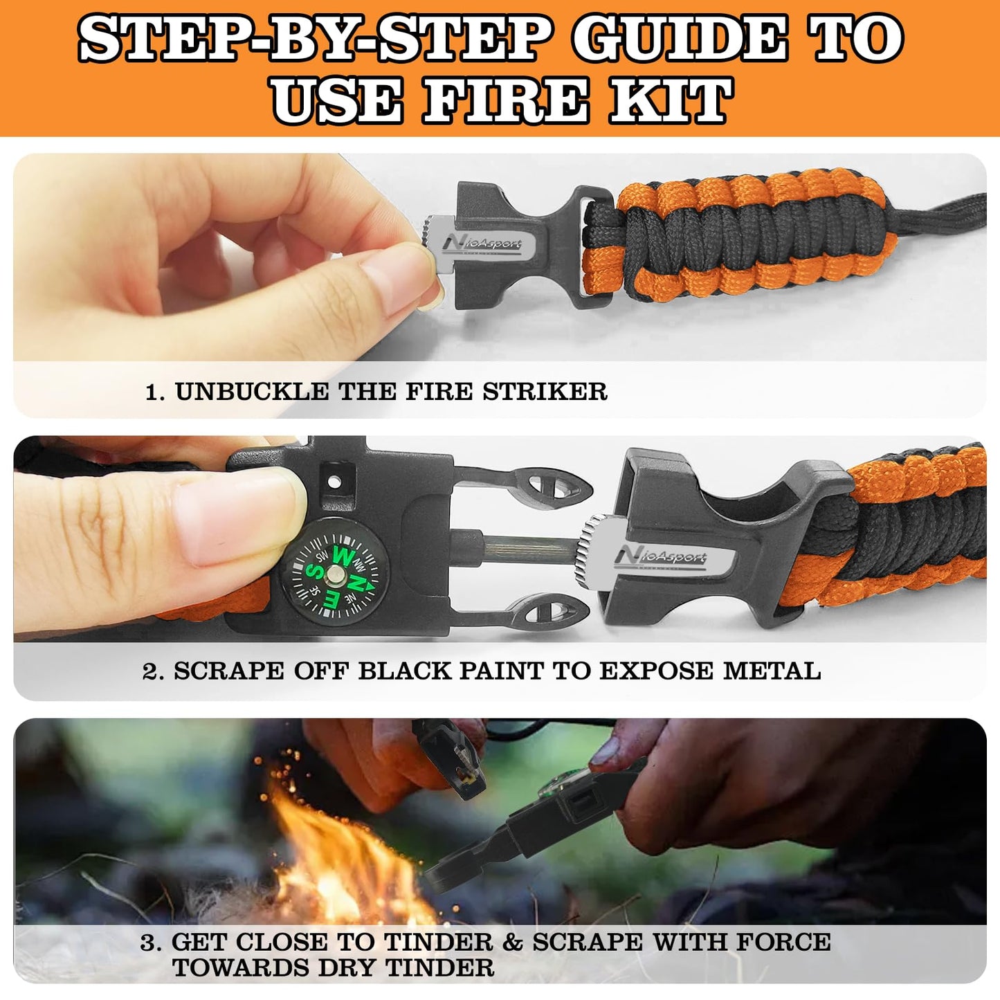 NVioAsport Paracord Survival Bracelet (3 Pack) - Adjustable with Fire Starter, Whistle, Compass