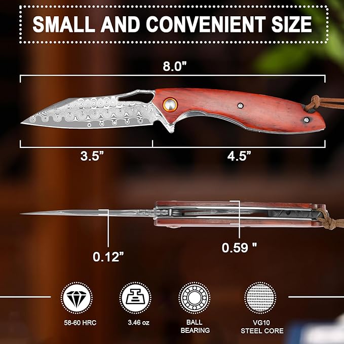 Damascus Pocket Knife 3.5" Damascus Steel Blade Foldable Knives with Wooden Handle EDC Camping Folding Knives for Outdoor Men Women Christmas Birthday Gifts