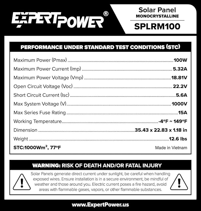4-Pack ExpertPower 100 Watt 12 Volt Monocrystalline Solar Panel, Compact Design 35.43 x 22.83 x 1.18 in, High Efficiency Module PV Power for Battery Charging Boat, Caravan, RV, Off Grid Applications