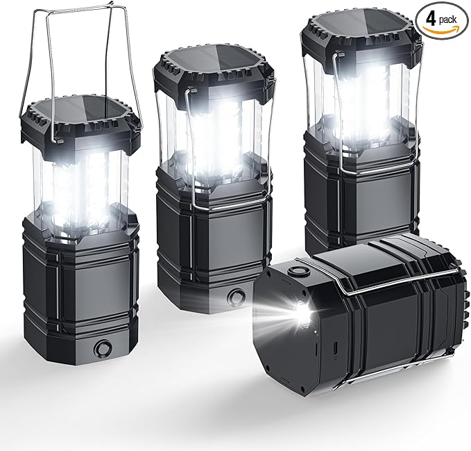 Solar Camping Lantern 4 Pack, Rechargeable LED Lantern with Flashlight, USB-C & Solar Powered, Collapsible Emergency Lights for Hurricane, Power Outages, Outdoor Use
