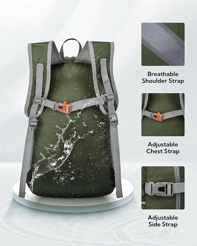 WATERFLY Hiking Foldable Daypack Backpack: 25L Ultra Lightweight Waterproof Day Pack for Woman Man - Small Compact Packable Folding Back Pack for Outdoor Sport Cycling Biking Travel Trip - Green