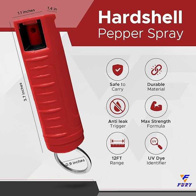 FURY Hardshell Pepper Spray - 12Ft Range, Max Strength, UV Dye Identifier, Anti-Leak & Anti-Misfire, Slidetop Trigger, Belt Clip & Key Ring, Multiple Color Options, Self-Defense Spray