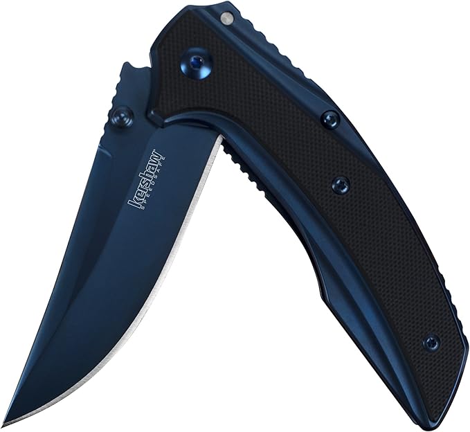 Kershaw Grid Folding Pocket Knife, 3.7 inch Black Serrated Blade, Steel Handle, Pocketclip & 3-Inch Blue Pocketknife with SpeedSafe Opening and Deep Carry Pocketclip