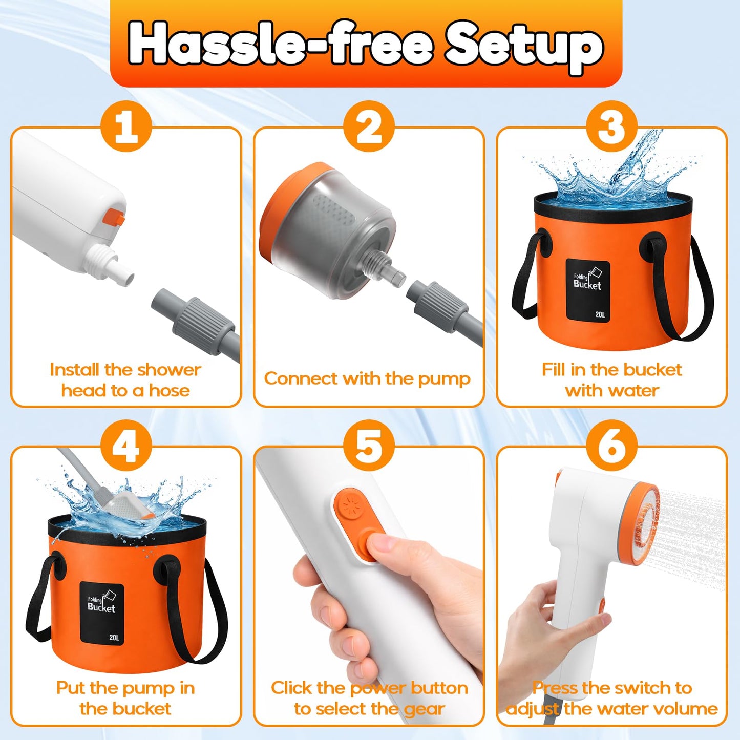 Portable Shower for Camping, Rechargeable Shower Head with LED Light, Camp Shower Pump with Filter