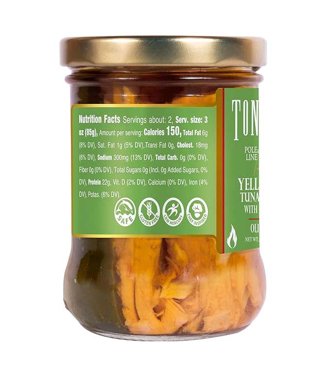 Tonnino Tuna Fish Yellowfin Pole&Line - Jalapeno in Olive Oil ??Pack of 6 ??Alternative to Salmon ??Protein Snacks ??Ready to Eat Meals in Can