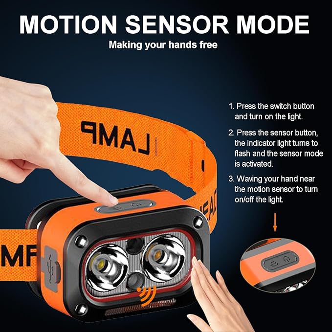Headlamp Rechargeable, Lightweight LED Head Lamp, Motion Sensor Head Flashlight, Super Bright Waterproof Head Light for Camping, Running, Hiking, Hunting, Fishing, Reading, Working