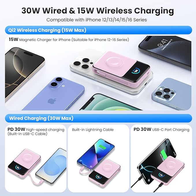 Magnetic Portable Charger 10800mAh with Built-in Cables,5-in-1 Qi2 Certified 15W Wireless Power Bank with iWatch Charger,30W PD Fast Charging USB-C Battery Pack for iPhone 17/16/15/14/13/12-Pink