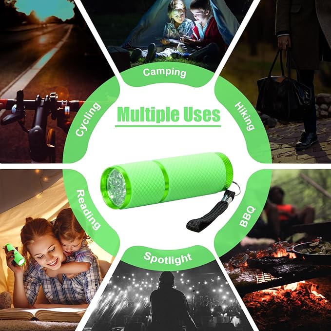 AHIER 9 LED Glow in Dark Flashlights, Rubber Coated Small Flashlights with Straps, Portable Handy Lights for Camping, Hiking, Indoor, Assorted Colors (Green)
