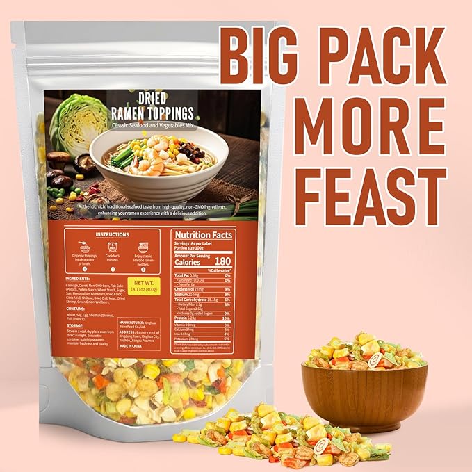 Dried Ramen Toppings-Dehydrated Vegetables & Seafood Mix Instant Ramen Toppings 100% Natural, 14oz Resealable Bag for Cooking, Camping, Office Meals