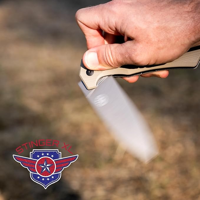 Off-Grid Knives - STINGER XL Folding Knife, 154CM Steel, Full Flat Grind, G10 Scales, Ceramic Bearings, Drop-Shut Action, Deep Pocket Clip, Left or Right Hand Carry, Camping & Tactical Use (Coyote)