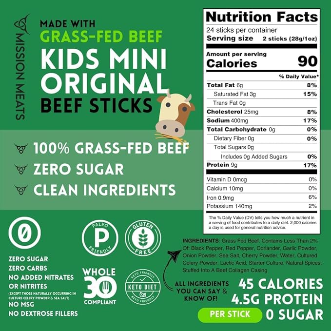 Mission Meats Kids Beef Sticks ??100% Grass Fed & Pasture Raised, Healthy Snacks for Kids, Sugar Free Protein, Gluten & Nut Free, Individually Wrapped, Mini 0.5oz 24ct Bag (Pack of 2)