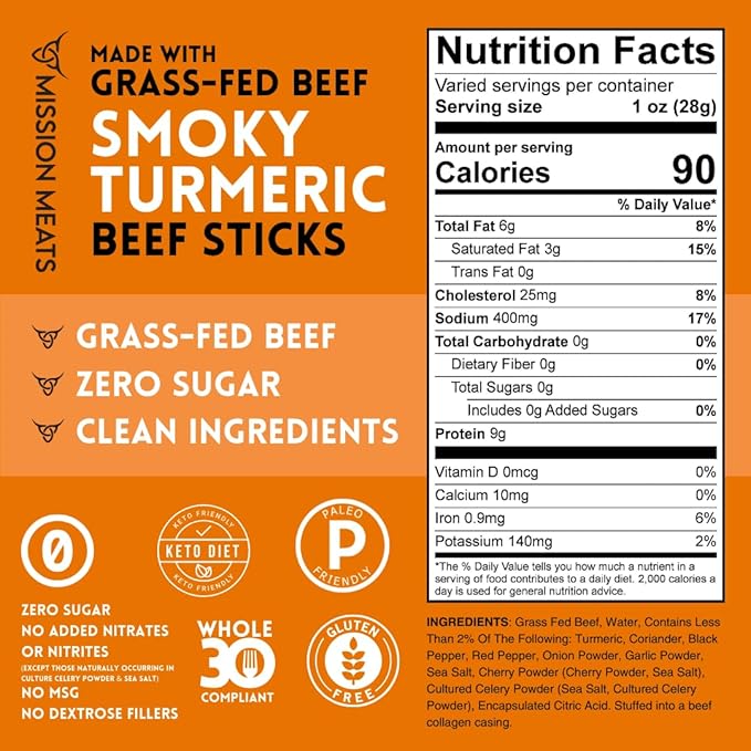 Mission Meats Beef Sticks – 100% Grass Fed & Pasture Raised, Sugar Free, Individually Wrapped Healthy Snacks, Whole 30 & Paleo Friendly, Smoky Turmeric 1oz (Pack of 12)