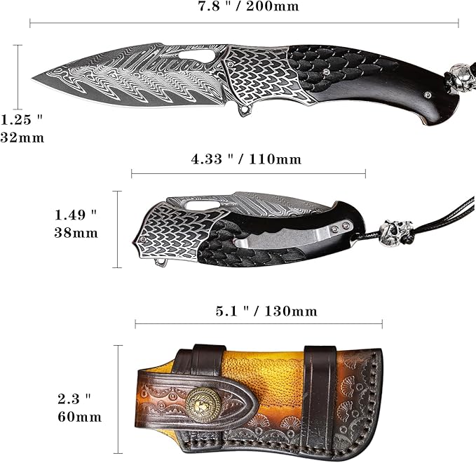 Quality pocket knives for men and women，Damascus Steel Pocket Folding Knife，With leather sheath, Ebony Handle，Engraved feather pattern，Outdoor camping, EDC carrying adventure, Hiking trip, gift