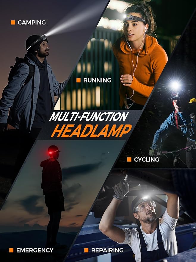 ATuMan MH1 Headlamp Rechargeable, Intelligent Multifunctional Headlight 1 Pack with Red Warning Light and 7 Lighting Modes Lightweight Headlamp with Motion Sensor for Outdoor Camping Hiking Cycling