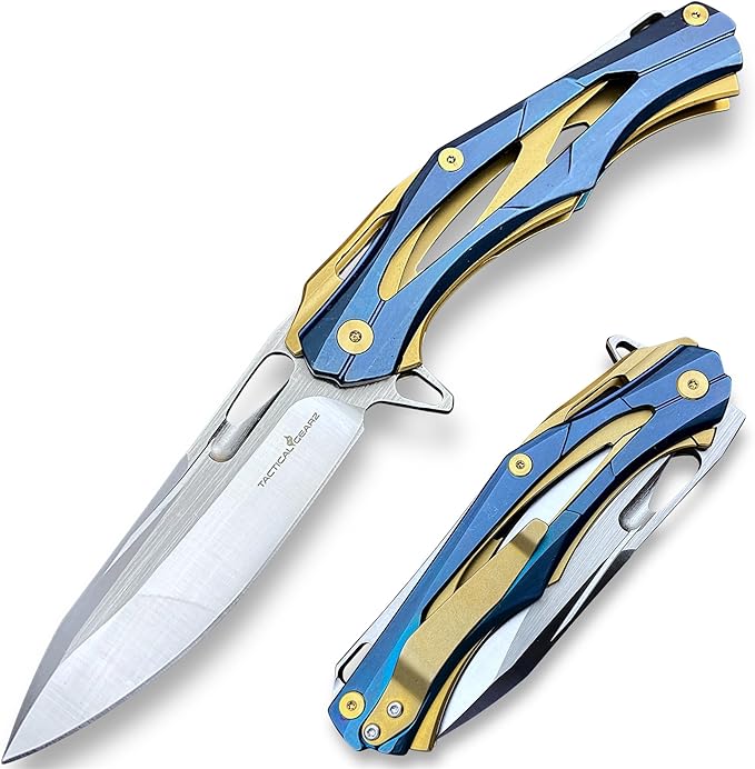 TACTICAL GEARZ Stainless Steel Pocket Knife, Stainless Steel Handle, D2 Steel Drop Point Blade, Ball Bearing Pivot! (Kronus Blue/Gold)