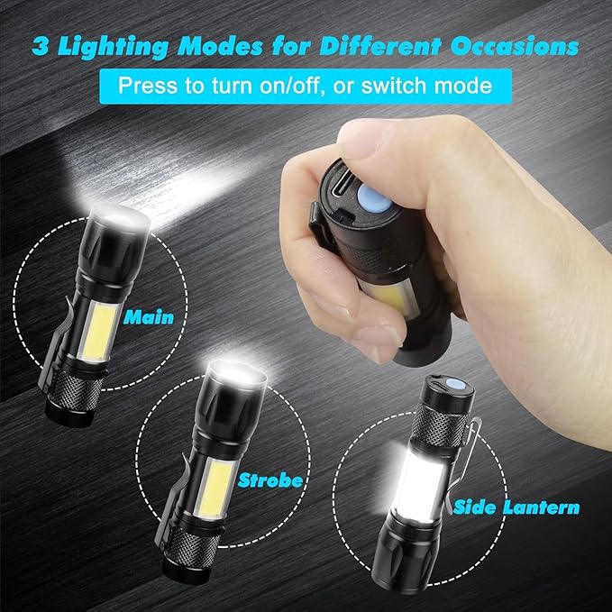 KunHe USB Rechargeable Mini Small LED Flashlights Bulk Camping Lantern Flashlight Bright High Lumens EDC Flash Light 6 Pack