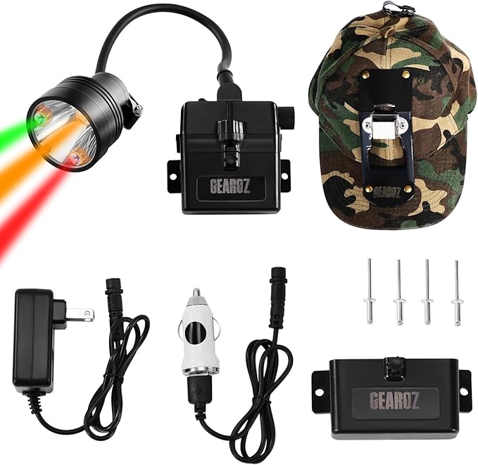 Coon Hunting Lights Headlamp for Coyotes Hog Predators, 10W Rechargeable & IPX5 Waterproof, 6 Lighting Modes, 45000LUX 4-Color LED (White Red Green Amber) with Camo Hunting Hat for Forehead