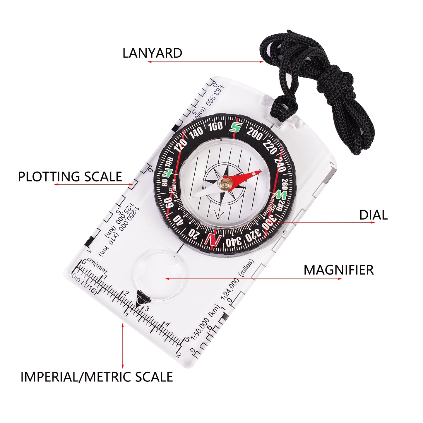 4 Pcs Outdoor Compass with Adjustable Declination,Magnifier,Ruler,Scale. Multifunctional