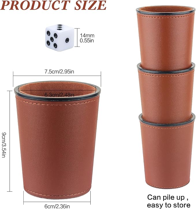 Felt-Lined PU Leather Dice Cup Set, 6 Quiet Shaker Cups With 36 Dice for Bar Party Yahtzee Farkle Games, Dark Brown
