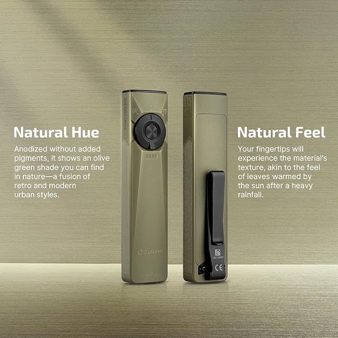 OLIGHT Arkfeld Ultra 1400 Lumens EDC Flat Flashlight, Rechargeable Compact Pocket Flash Light Combines White LED, UV and Green Beam, Triple Sources Perfect for Checking, Working (Olive-Green)