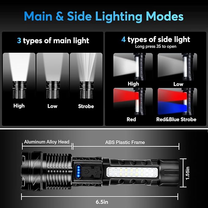 JIJ 2 Pack Rechargeable Flashlights High Lumens, 7 Modes LED Flashlight with IP67 Waterproof, Adjustable Handheld Tactical Flashlight for Camping, Home Emergency, Outdoor