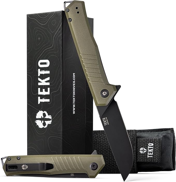 F1 Alpha Folding Pocket Knife - Modified Straight Back Blade, Titanium Coated D2 Steel, Ideal for Outdoor Camping and Backpacking, Tactical G10 OD Green Handle, Black Titanium Accents