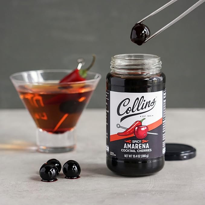 Collins Spicy Amarena Cherries in Syrup, Black Cherries for Old Fashioned or Manhattan, Cocktail Cherries, Garnish for Cocktails or Desserts,13.4oz
