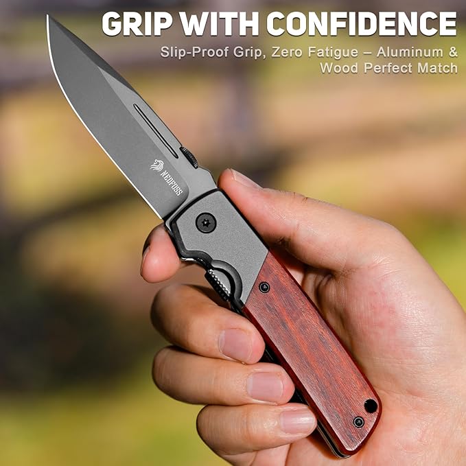 NedFoss DA52 Pocket Knife for Men, 3.5" Compact EDC Knife, Lightweight Camping Folding Knife with Clip, Rosewood Handle with Aluminium Bolster, Liner Lock