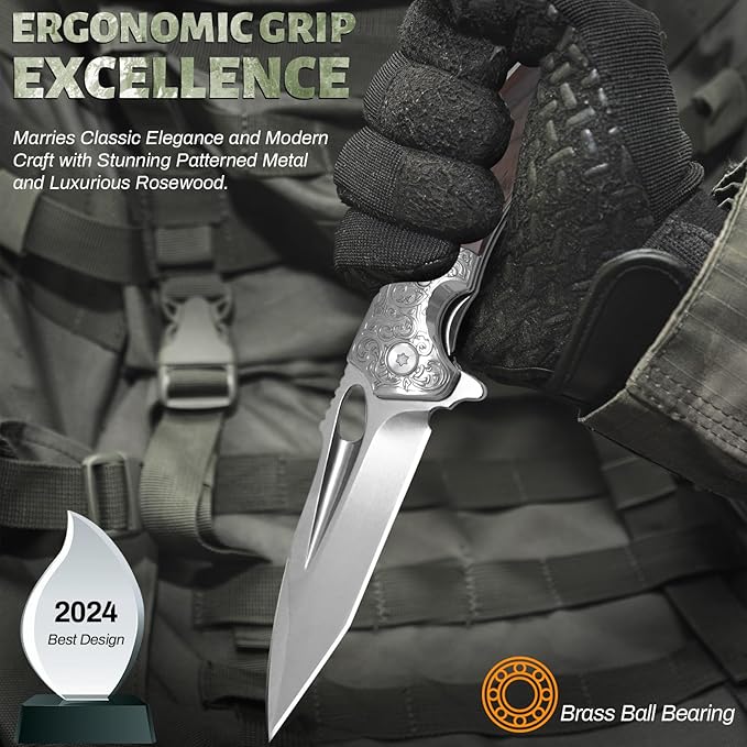 Hunting knife with Sheath, 7.87inch, Eagle brown Sharp Blade 3.6-inch M390 Steel Folding Pocket Knife with Brown Wood Steel Handle, Skinning Knife for Hunting, Fishing