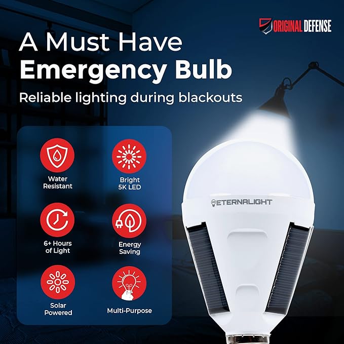 Original Defense EternaLight Rechargeable LED Bulbs (8 Count) - Emergency Light Bulbs with Battery Backup for Power Outages, Home, Camping, and Outdoor Activities - Solar Powered