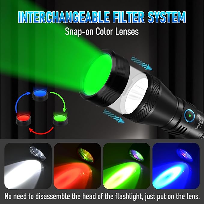 ULTRAFIRE 1800 Lumen LED Flashlight ??4 Color Tactical Light (Red/Green/Blue/White, 4 Modes, Dual Switch, 1804ft Throw, IPX8 Waterproof, with USB-C Cable) ??Hunting & Camping Flashlight T6