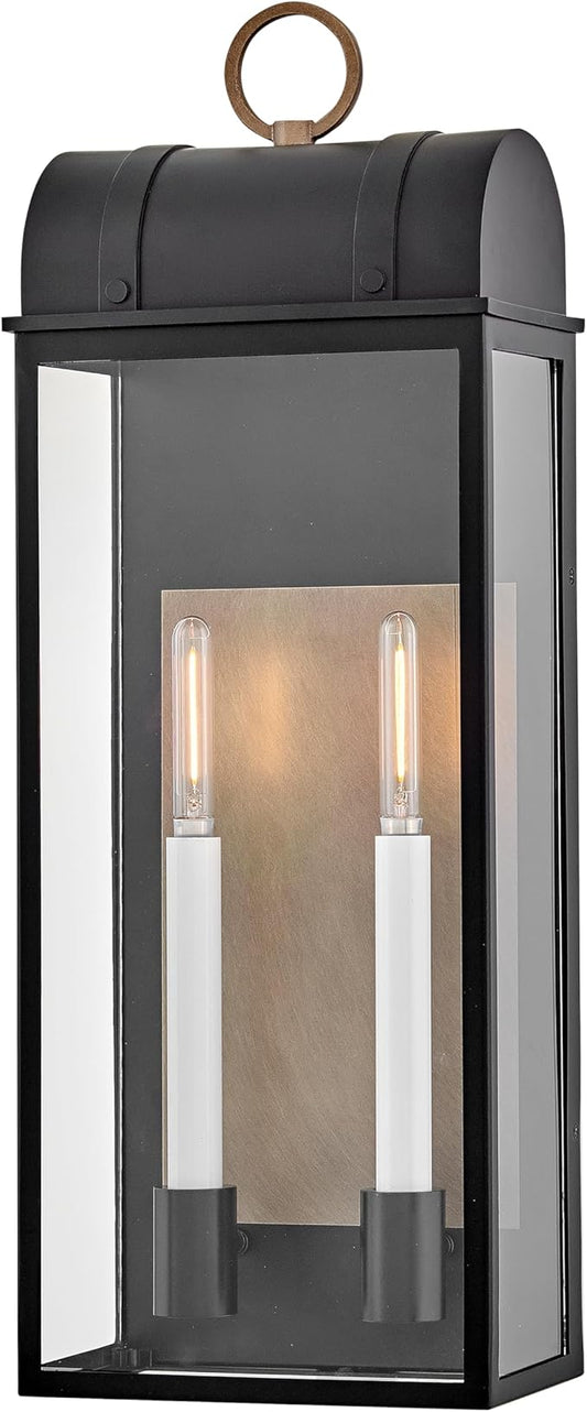Hinkley Campbell Large Wall Mount Outdoor Lantern - Clear Glass, Aluminum - Black Finish and Burnished Bronze Accents