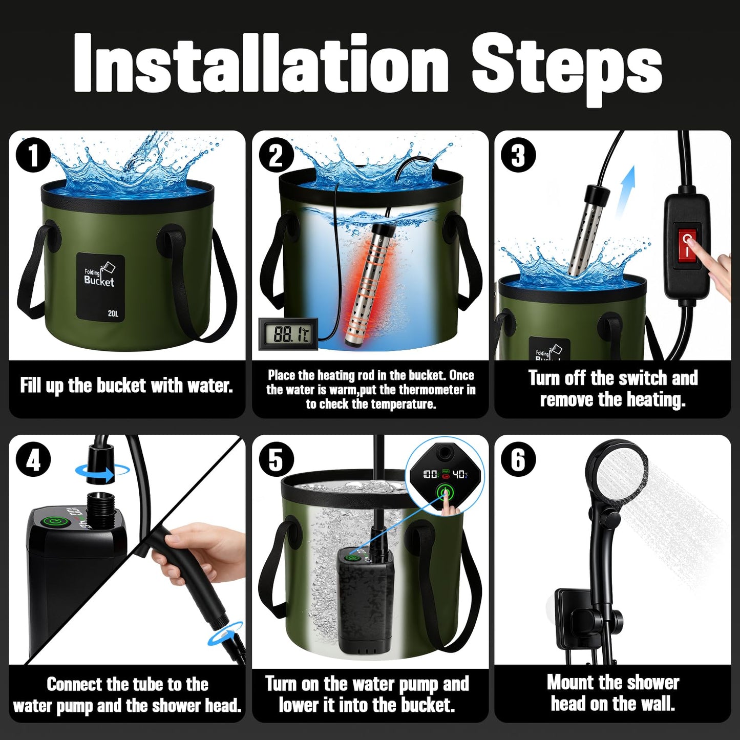 Motivekit™ Portable Camping Shower | 6.6 Gallons Foldable Bucket, 6000mAh Shower Pump, 6' 7" Shower