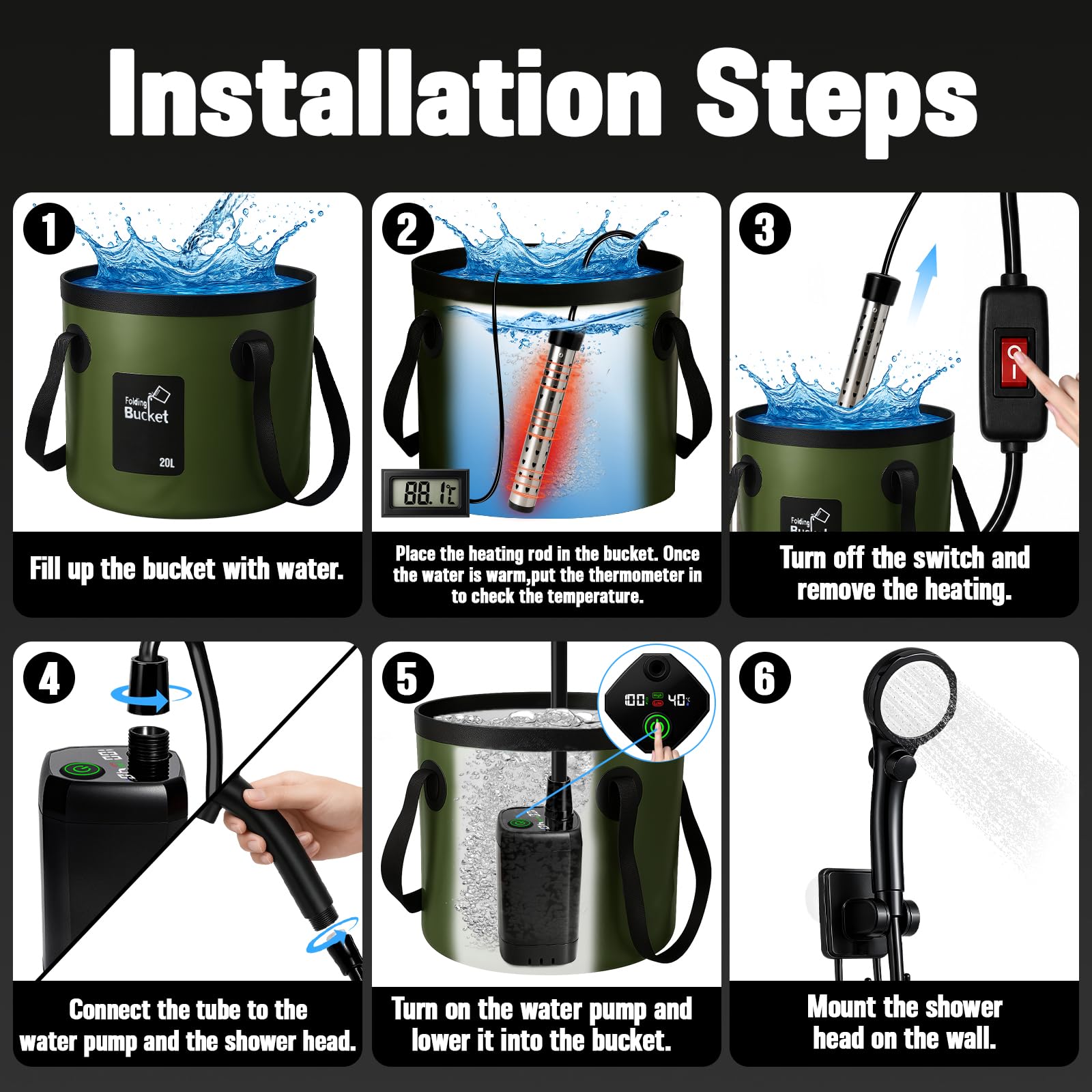 Motivekit™ Portable Camping Shower | 6.6 Gallons Foldable Bucket, 6000mAh Shower Pump, 6' 7" Shower