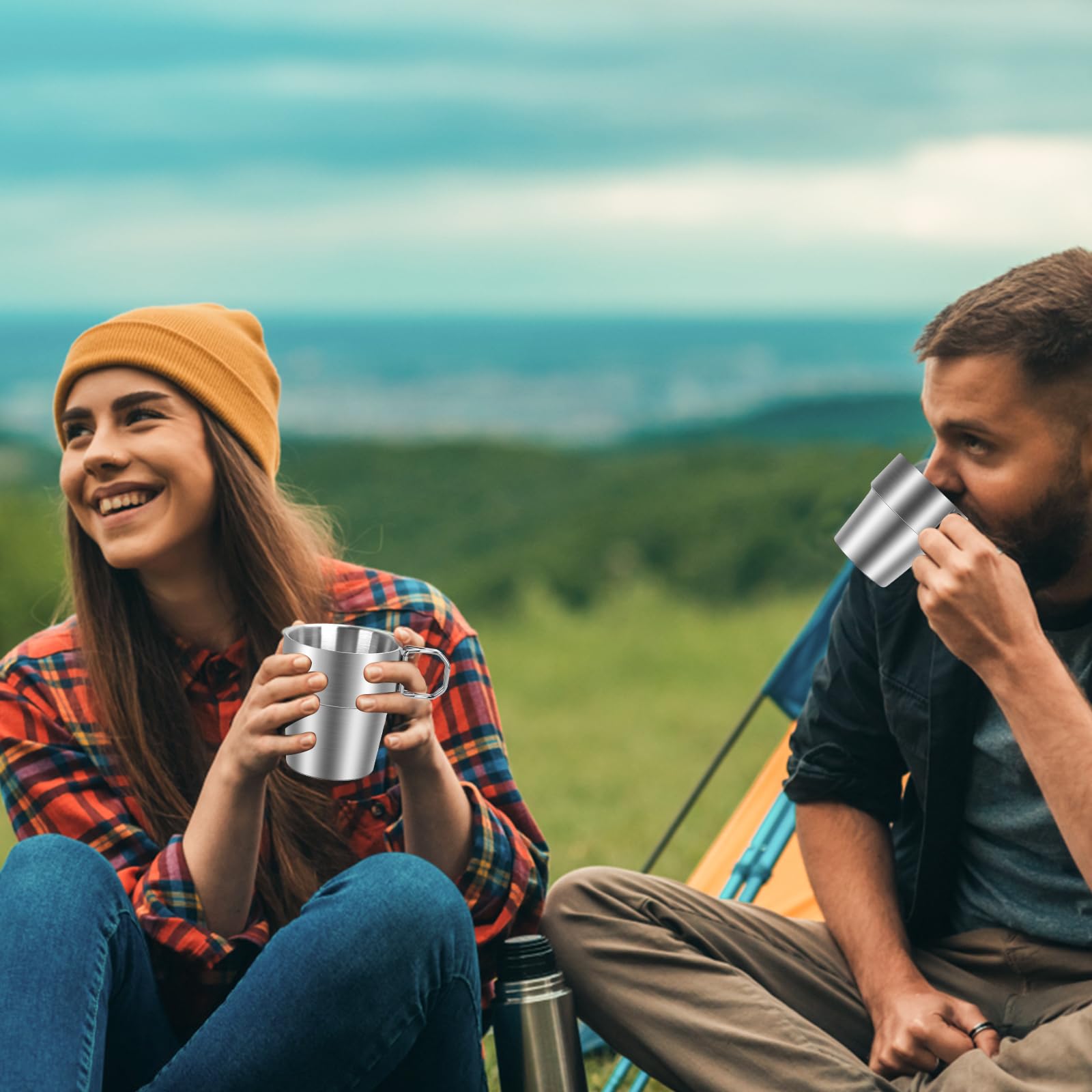Ftabernam 4-Pack Stainless Steel Camping Cups with Foldable Handle, 10 oz Camping Coffee Mugs with