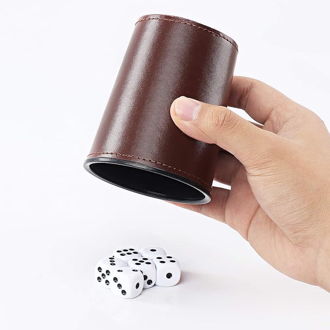 5X Dice Cup Set, PU Leather Dice Shaker Cups with 30 Dices for Bar Party Yahtzee Farkle Dice Games, Coffee (5, Brown)