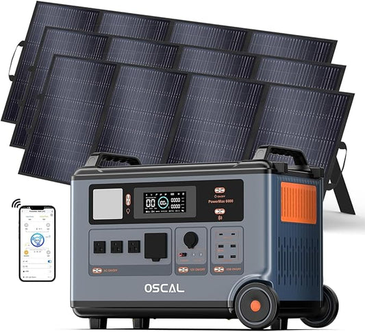 OSCAL PowerMax 6000 Solar Generator, 3600Wh/6000W Power Station with 3x400W Solar Panels, 120V/240V Split Phase Voltage AC Outlets (9000W Peak), 2400W Solar Charging,Emergency for Home,Battery Backup