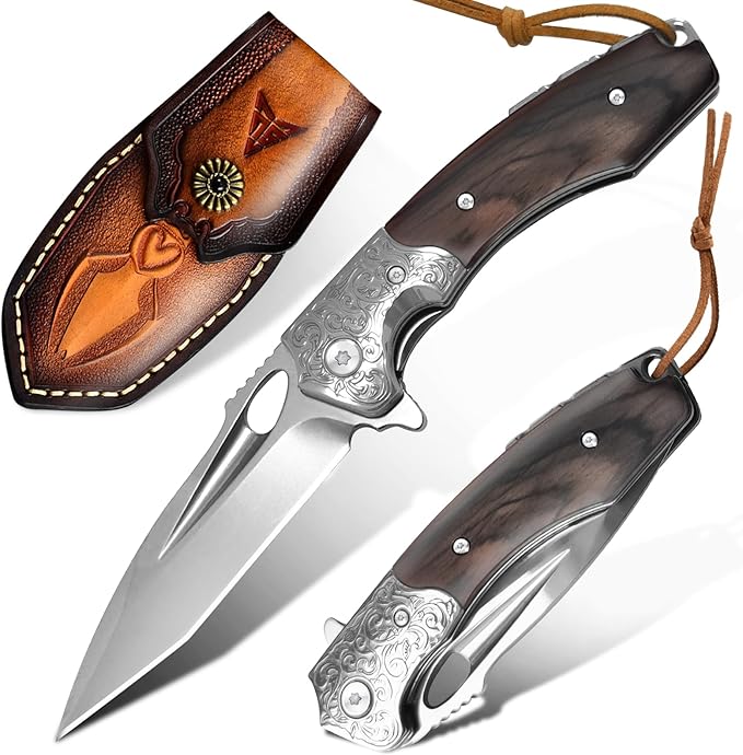 Hunting knife with Sheath, 7.87inch, Eagle brown Sharp Blade 3.6-inch M390 Steel Folding Pocket Knife with Brown Wood Steel Handle, Skinning Knife for Hunting, Fishing