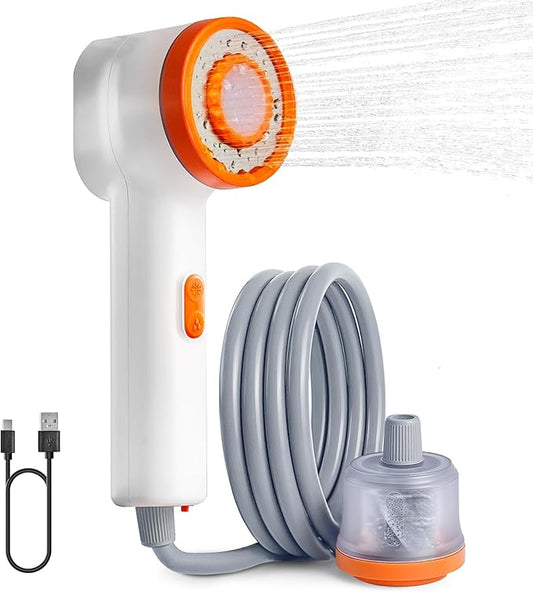 Rocalt Portable Camping Shower, Handheld Electric Shower with LED Light and USB-C, Integrated Design of Water Pump with Filtration, IPX6 Waterproof Outdoor Shower for Hiking, Pet Cleaning, Travel, Car